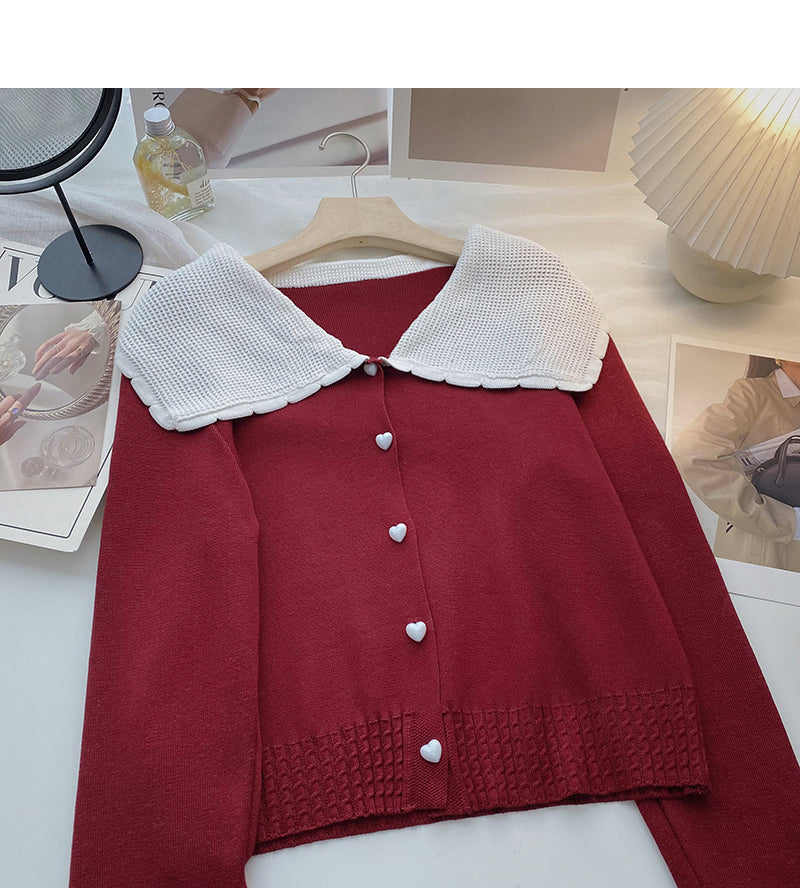 Baby collar long sleeve Vintage sweater single breasted top  6517