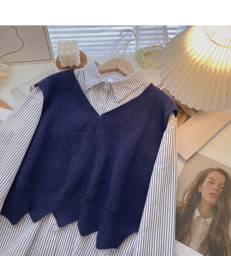 Fashion shirt stitching knitted vest fake two-piece top design  6327