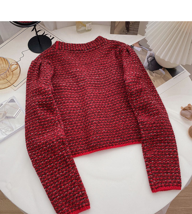 Small fragrance retro red sweater cardigan female  6126
