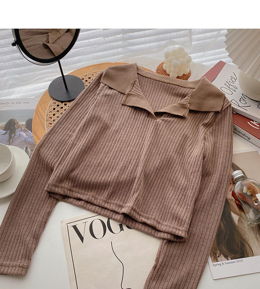 Simple casual short Lapel Pullover long sleeve top  6665