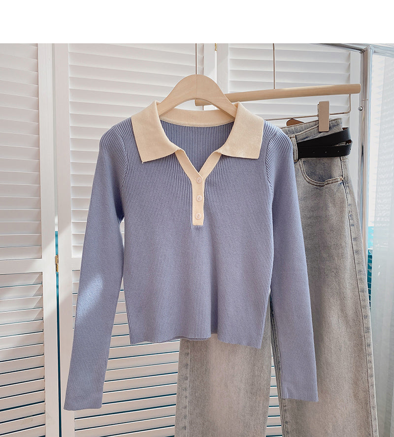 Color blocking slim fit short sweater casual slim long sleeve  6685