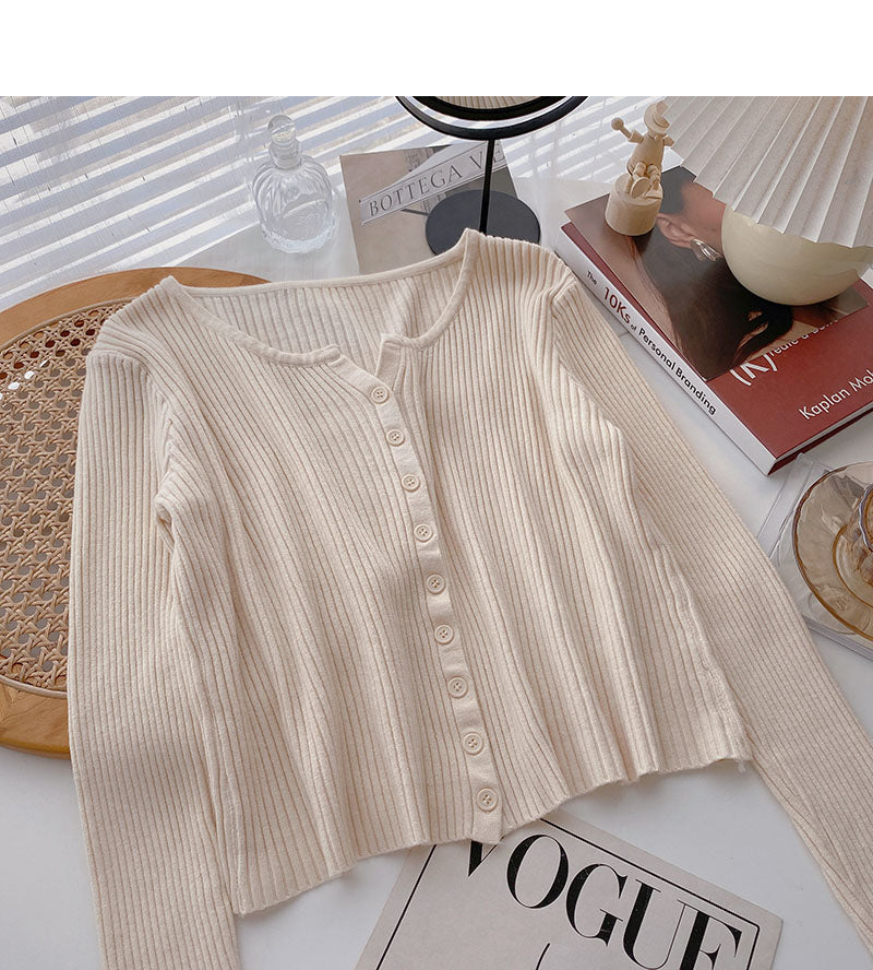 Knitted cardigan women's lazy style solid color versatile long sleeve top  6684