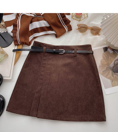 Niche solid color pleated high waist A-line skirt with belt  5579