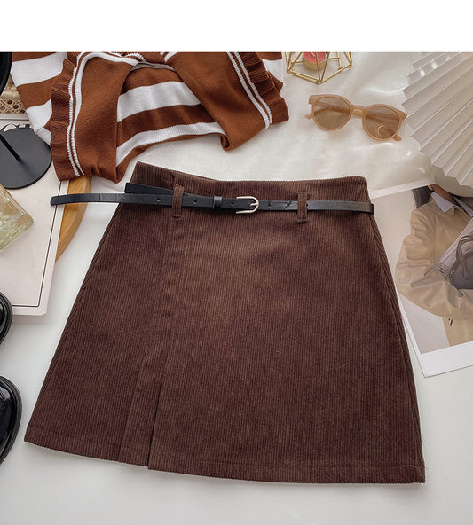 Niche solid color pleated high waist A-line skirt with belt  5579