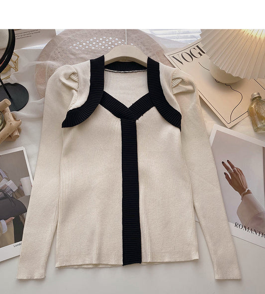 Pull à manches longues et col carré français contrasté 6625