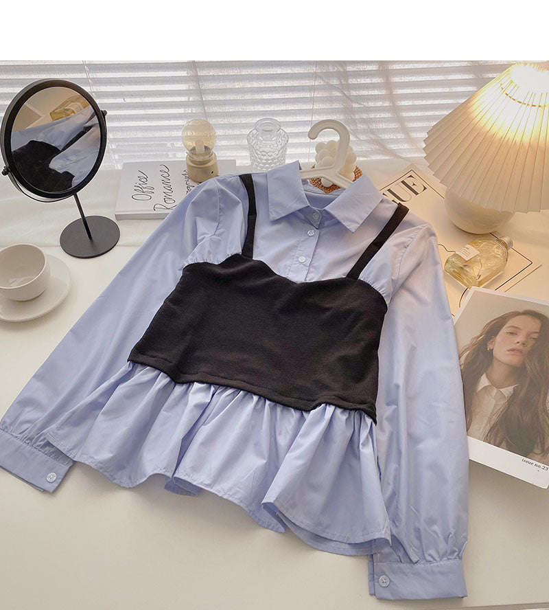 French shirt women's design sense niche sling splicing fake two pieces  6301