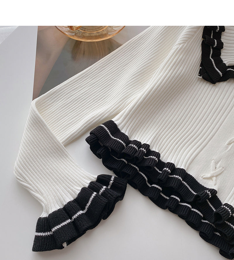 Lace doll neck strap contrast knit college top  6482