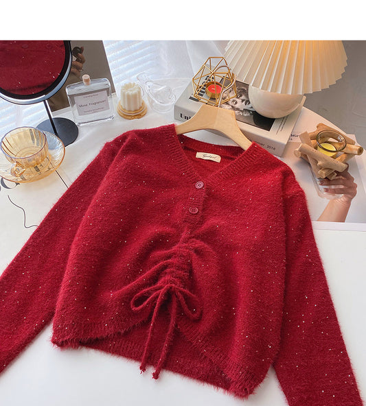 Koreanisches, modisches, temperamentvolles, schmales Langarm-Oberteil mit Kordelzug 6130