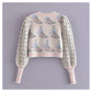 Vintage jacquard sweater women's bubble sleeve sweater  7165
