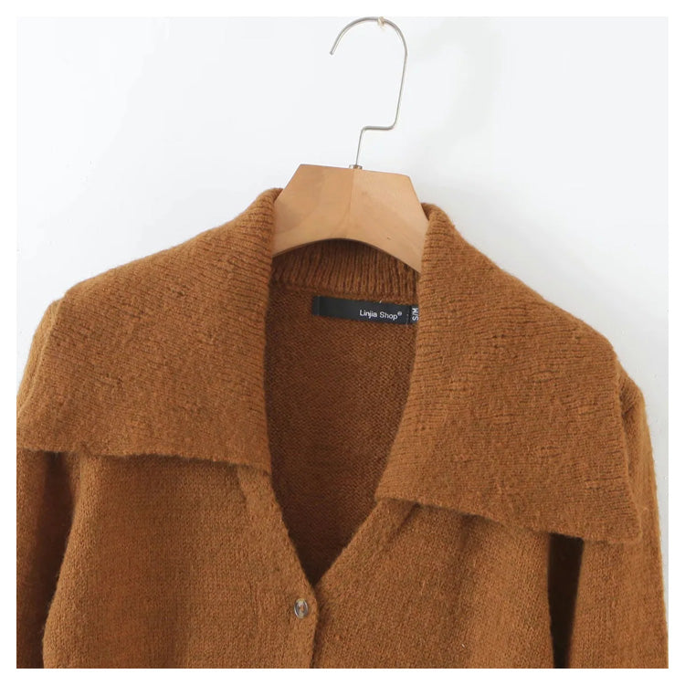 New women's fashion versatile Vintage large lapel knitted cardigan  7235