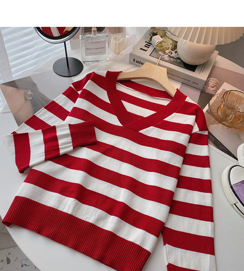 Striped long sleeved sweater Pullover Top bottomed shirt  6448