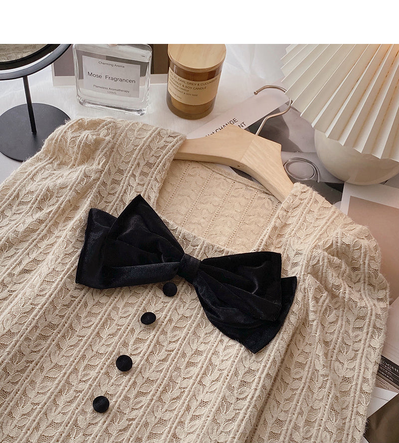 Bow Vintage French shirt square neck long sleeve top fashion  6389