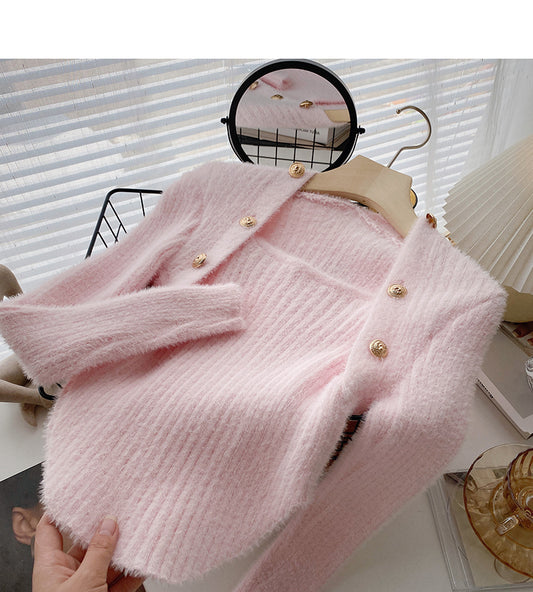 Wollpullover, Slim Fit, kurzes Oberteil mit eckigem Ausschnitt, zweireihig geknöpft 6603