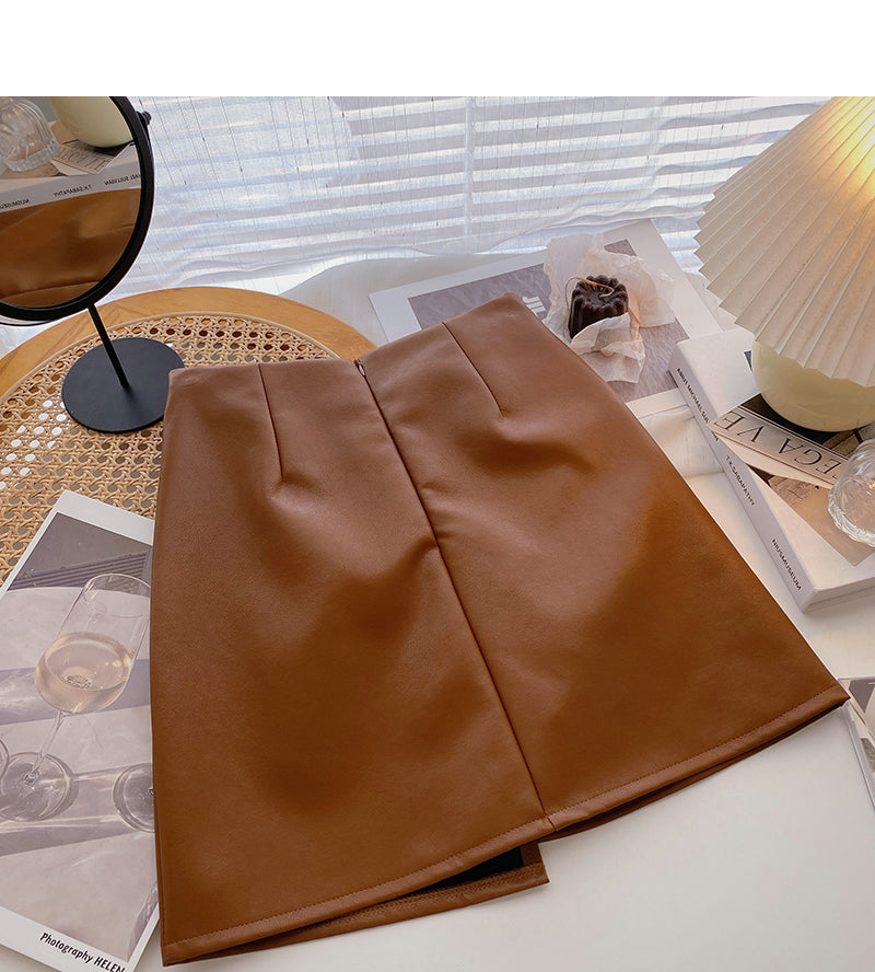 Korean wrinkled Hip Wrap irregular thin high waist A-shaped PU leather skirt  5591