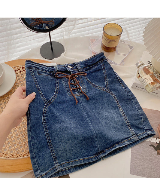 Korean bandage high waist design hot girl Hip Wrap denim skirt  5665