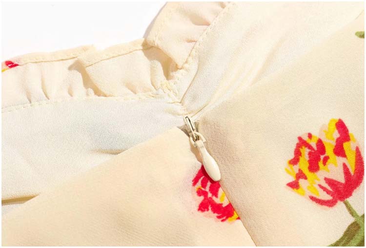 Versatile French square neck waist slim floral Knee Length Dress  7138