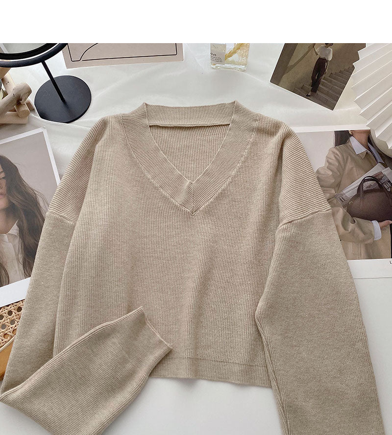 Lazy knit sweater solid V-neck Pullover Top  6677