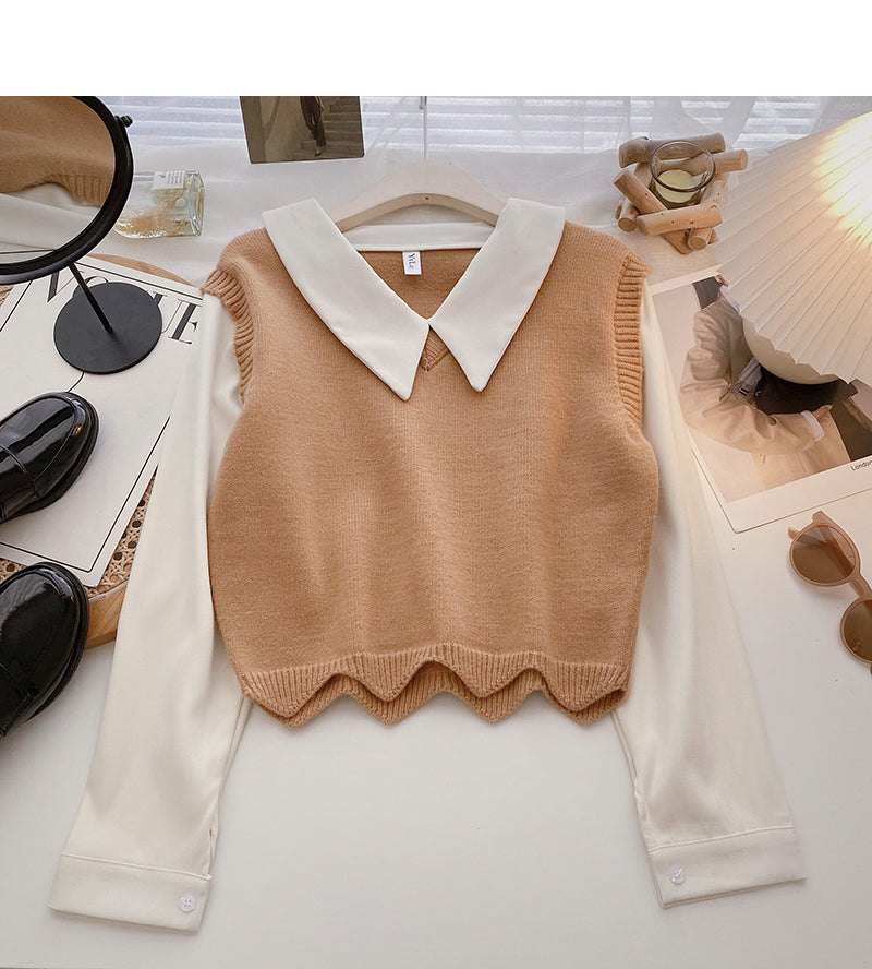 Long sleeve stitching design sense sweater gentle blouse  6499