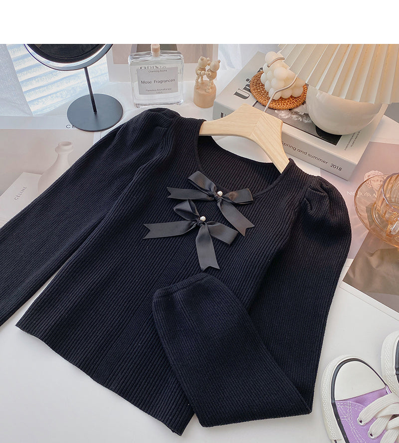 Bow Vintage französischer Pullover schmales Langarm-Oberteil 6628
