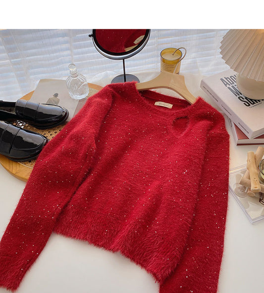 Modischer Retro-Pullover mit Paillettenausschnitt und Rundhalsausschnitt im Nischendesign 6014