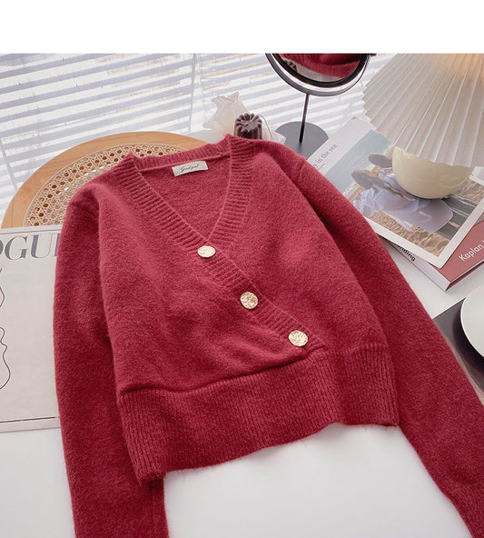 Long sleeved knitted sweater retro three button V-neck slim top fashion  6152