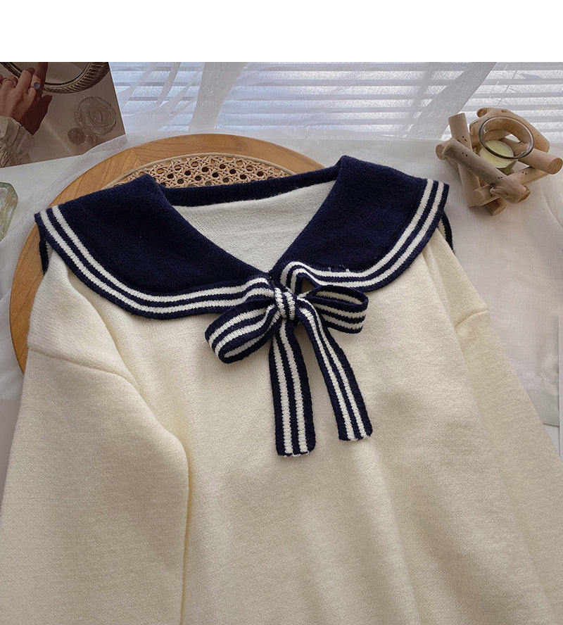 Contrast lace up Navy neck sweater female  6075