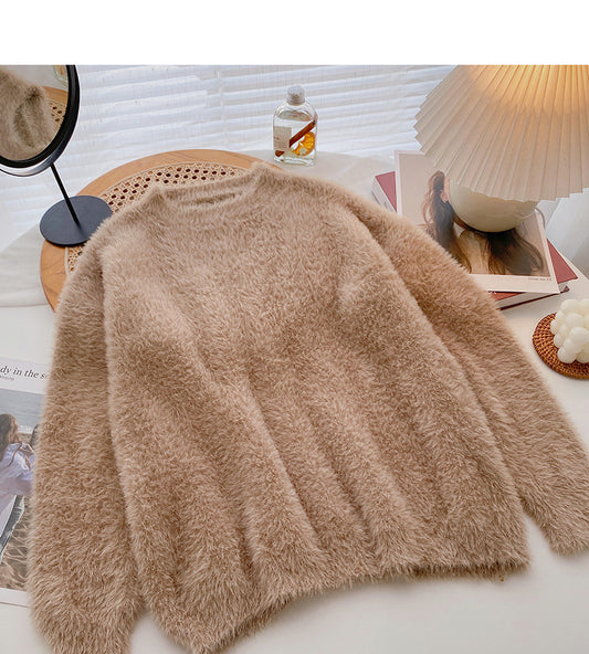 Koreanisches, einfaches, lässiges, einfarbiges, lockeres Langarm-Top 5951