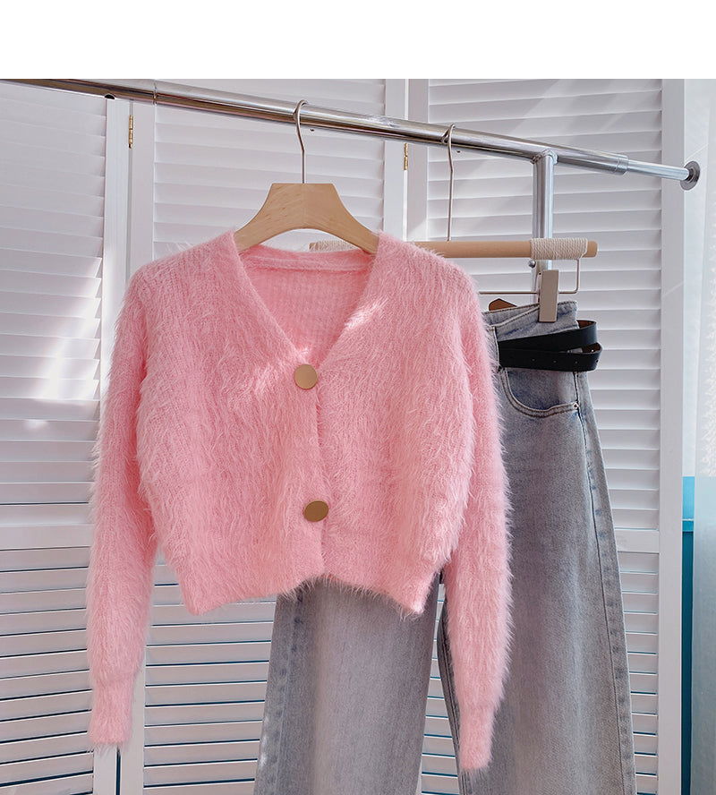 Mohair sweater solid V-neck short long sleeve top  6063