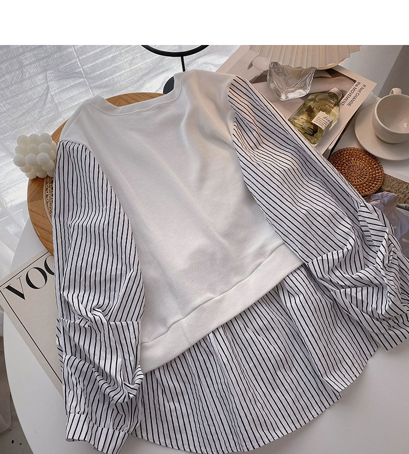 Design sense stripe stitching fake two shirts  6281