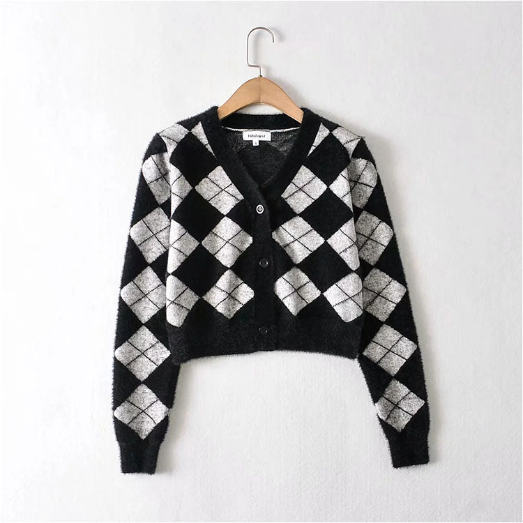 Slim and thickened hippocampal hair V-neck diamond lattice knitted coat  7180