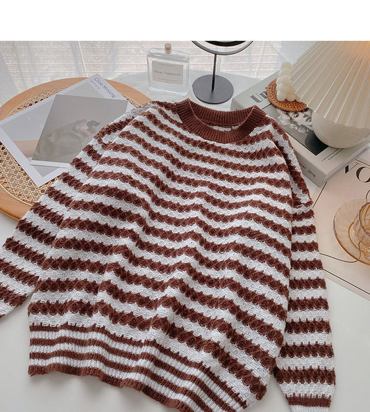 Lazy stripe contrast long sleeve sweater  6132
