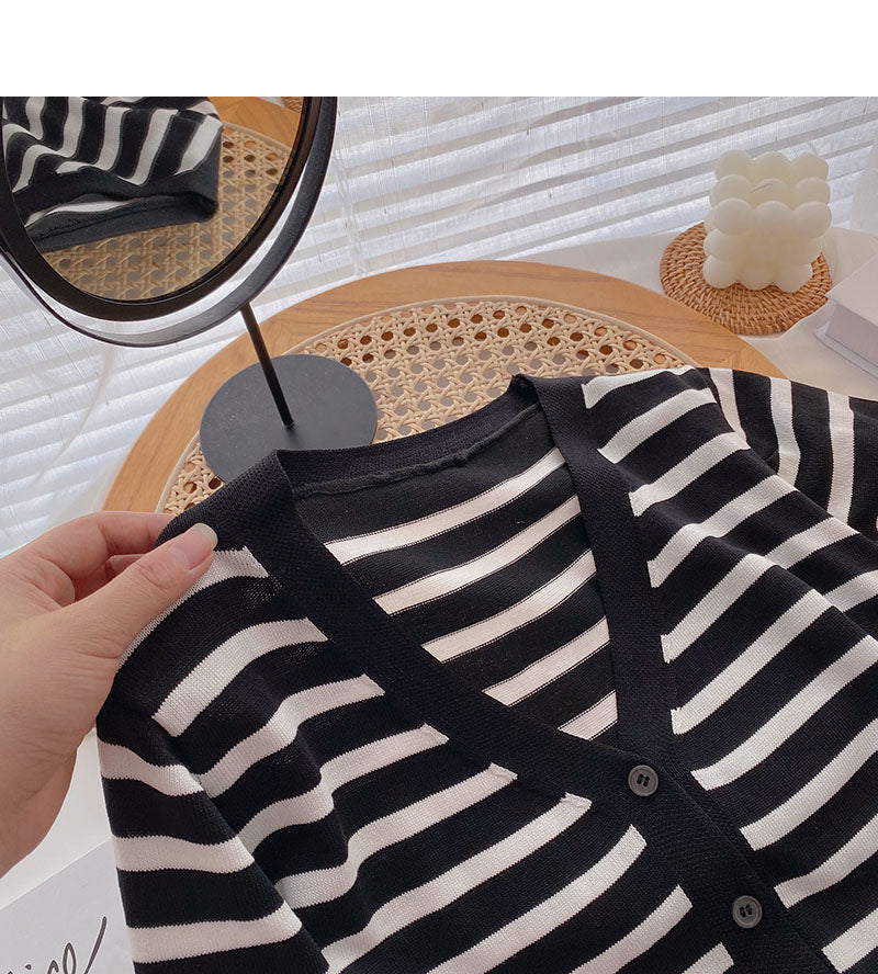 Long sleeve knitted stripe coat casual V-neck top  6518