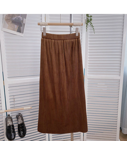 Hong Kong style solid color slim high waist A-shaped medium length skirt  5791