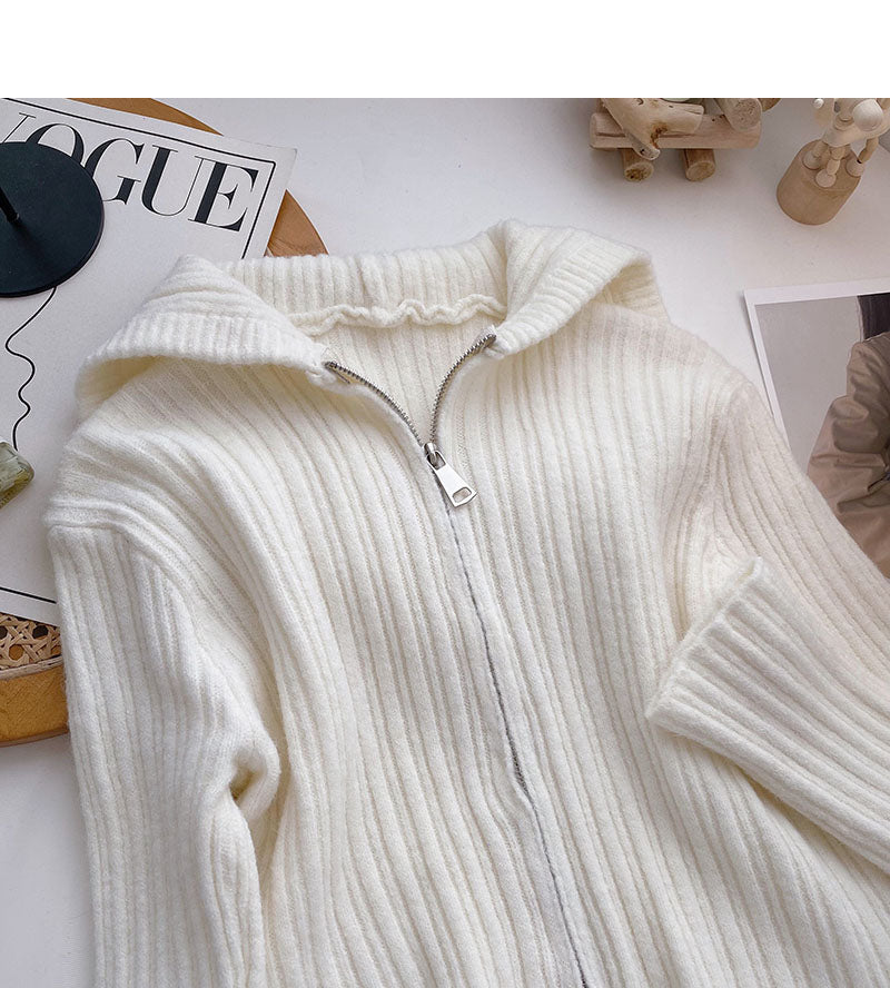 Cardigan hooded knitted coat casual solid color short top fashion  6680