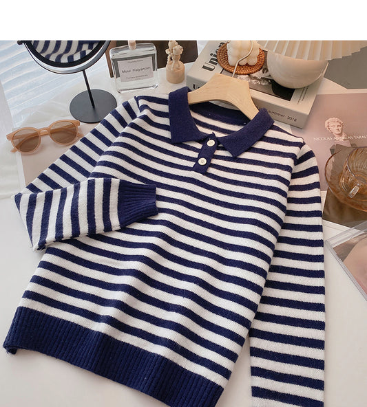 Long Sleeve Striped Sweater Lapel top  6458