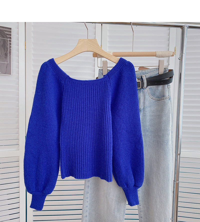 Vintage Lantern Sleeve square neck sweater looks thin and fashionable  6090