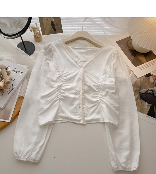 Chemise à simple boutonnage et col en V avec motif en dentelle 6359