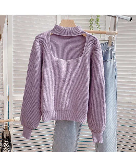 Stand collar hollowed out Lantern Sleeve Sweater  6177