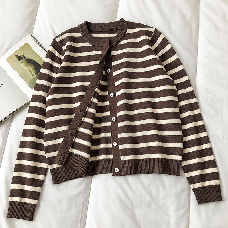 Crew neck striped cardigan long sleeve sweater fashion  6455