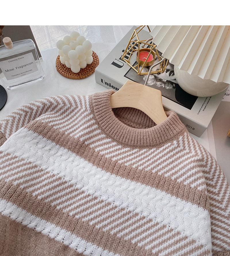 Lazy wind contrast striped sweater Korean version fashionable and simple  6071