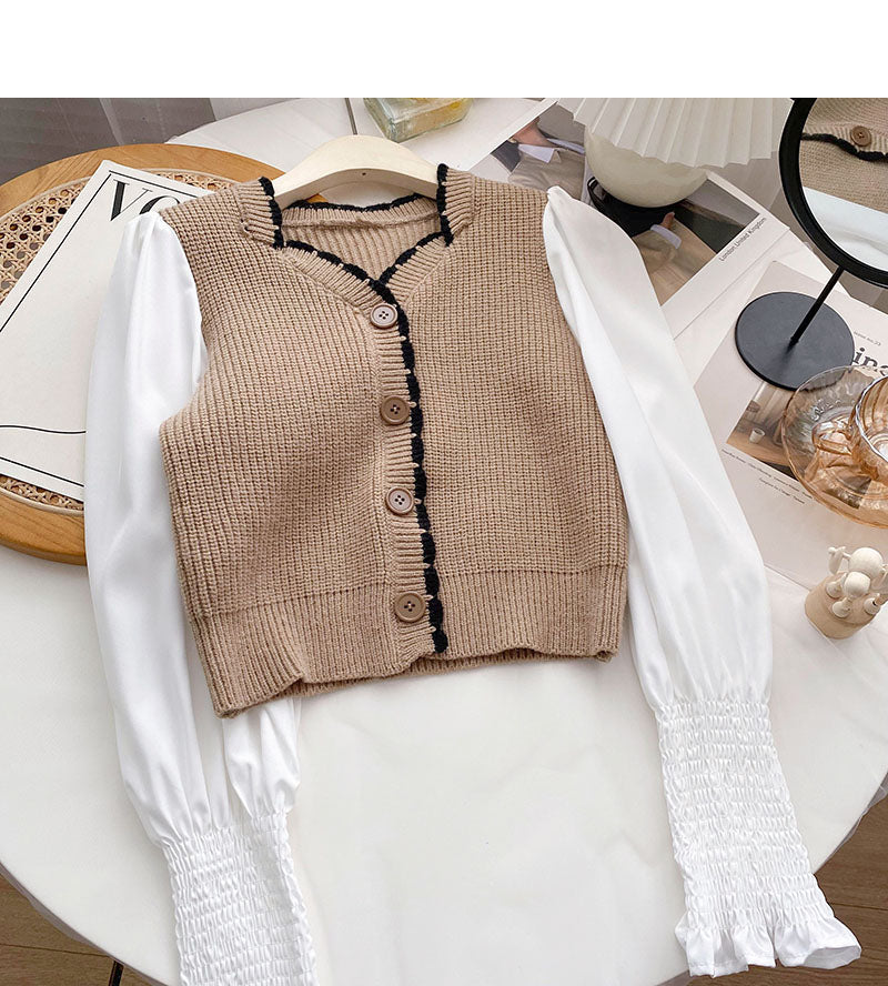 French small square neck stitched long sleeve fake two-piece blouse  6683