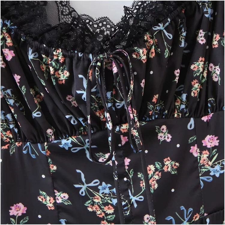 Small floral skirt sexy waist closing bubble sleeve  7140