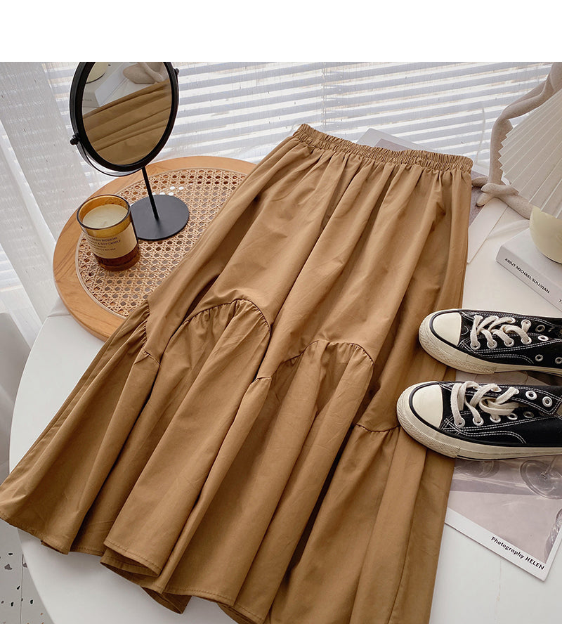 Versatile fashion solid high waist A-shaped medium length skirt  5814