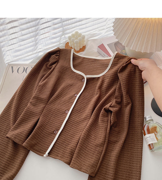 Chemise vintage française à manches longues et col carré, haut slim 6316