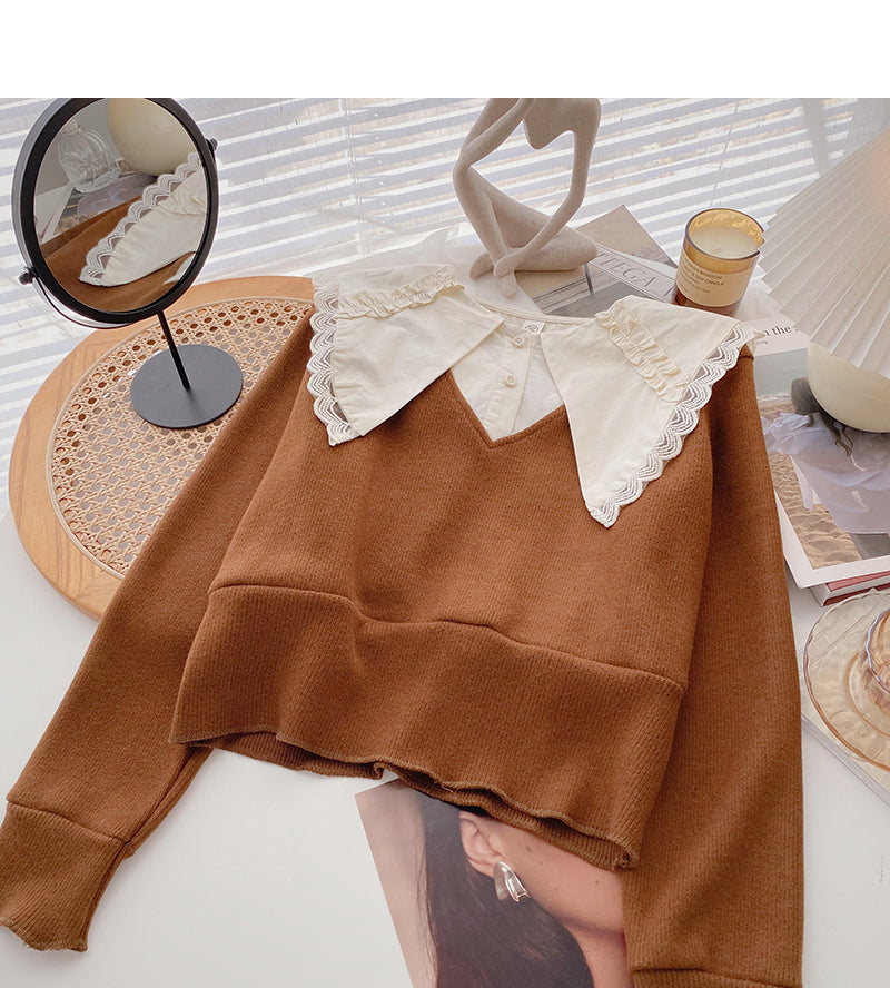 Design sense baby collar stitched sweater short retro top  6696