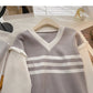 Striped V-neck color blocking long sleeve T-shirt  6488