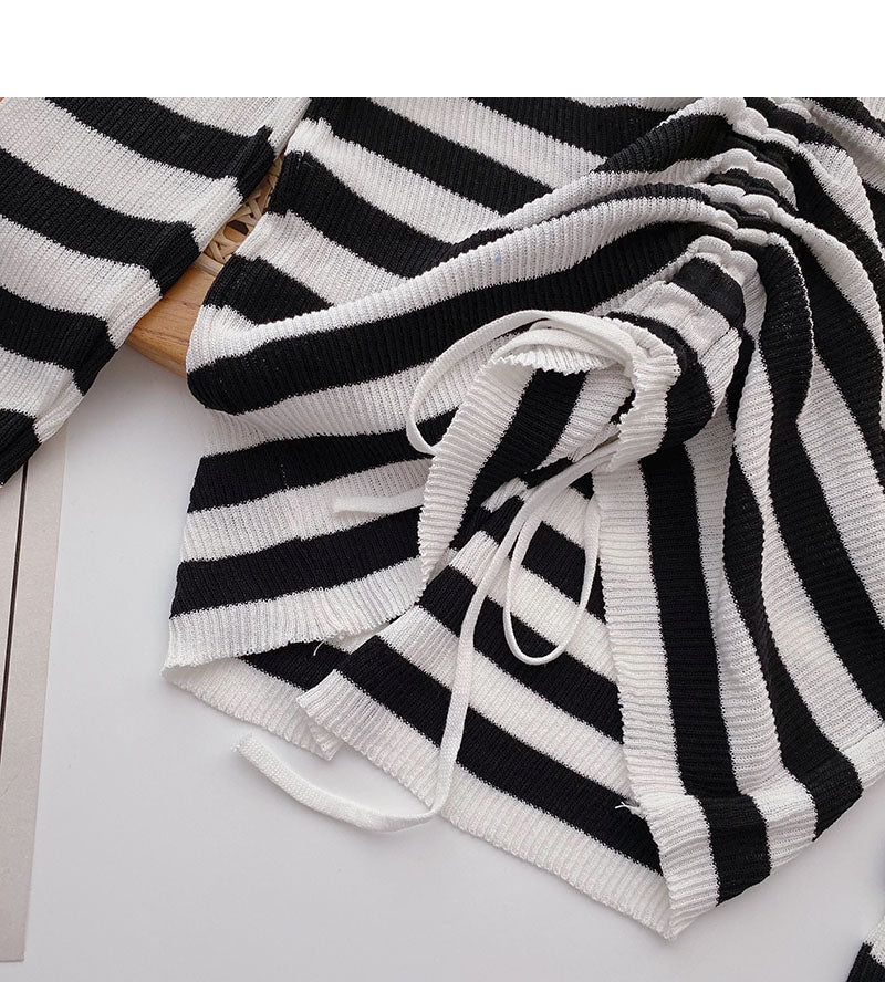 Long Sleeve Striped t-shirt design V-neck drawstring top  6485