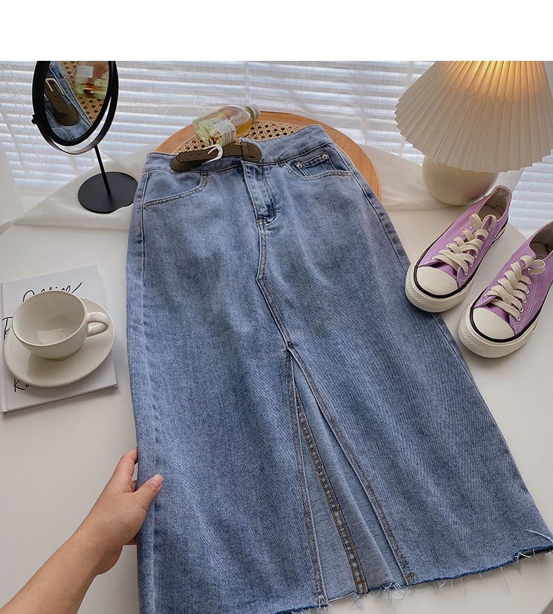 Korean version of Hong Kong style high waist split medium and long A-line skirt  5702