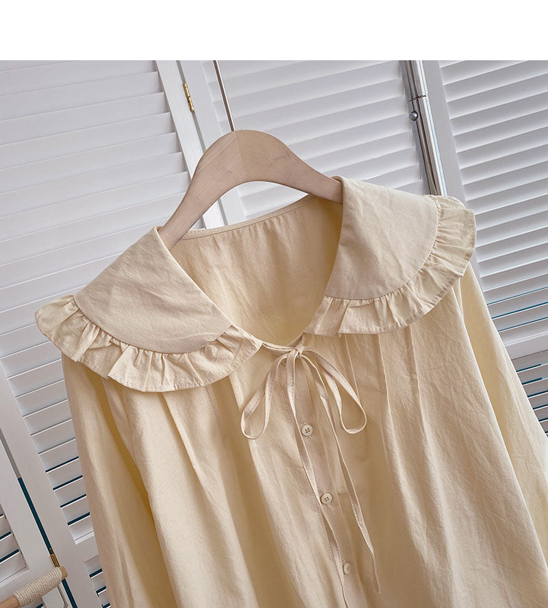 Solid color drawstring doll Neck Shirt Long Sleeve Shirt cardigan  6347