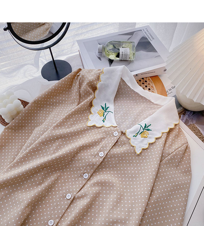 Small French Polka Dot Shirt Lapel embroidered shirt  6266